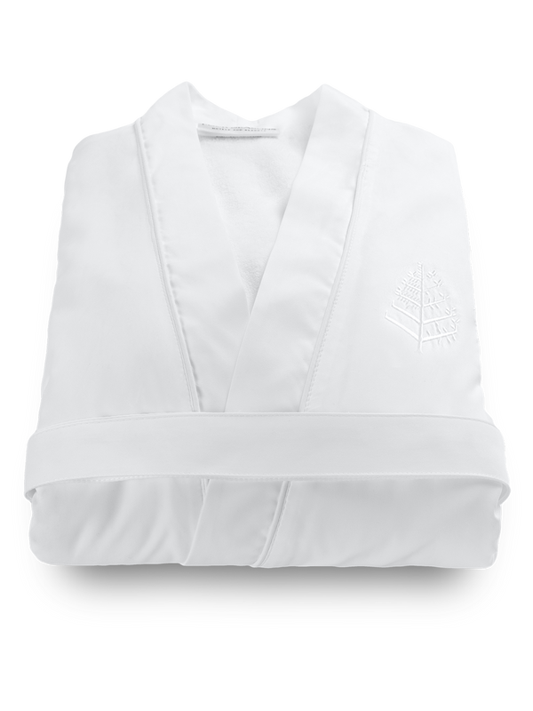 Four Seasons Spa Robe, white, plush microfiber terry lining, refined tonal piping, tailored fit, Four Seasons logo embroidered on chest