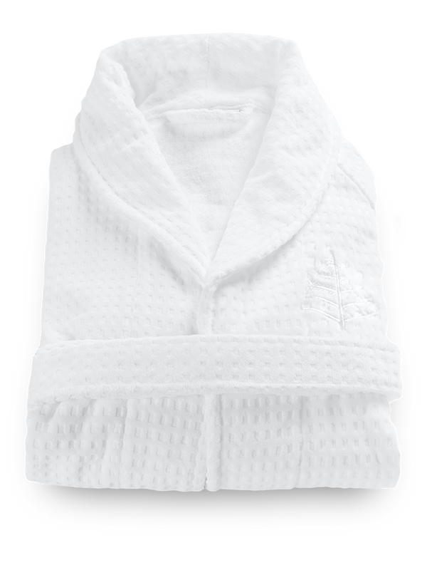 Four Seasons Bath Robe, 100% velour jacquard cotton, white, streamlined tailored fit, double belt-loop, Four Seasons logo embroidered on chest