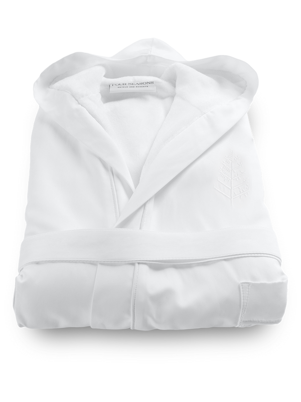 Four Seasons Children's Robe, white, 100% microfiber, kimono style, built-in hood, flame retardant lining, Four Seasons logo embroidered on chest