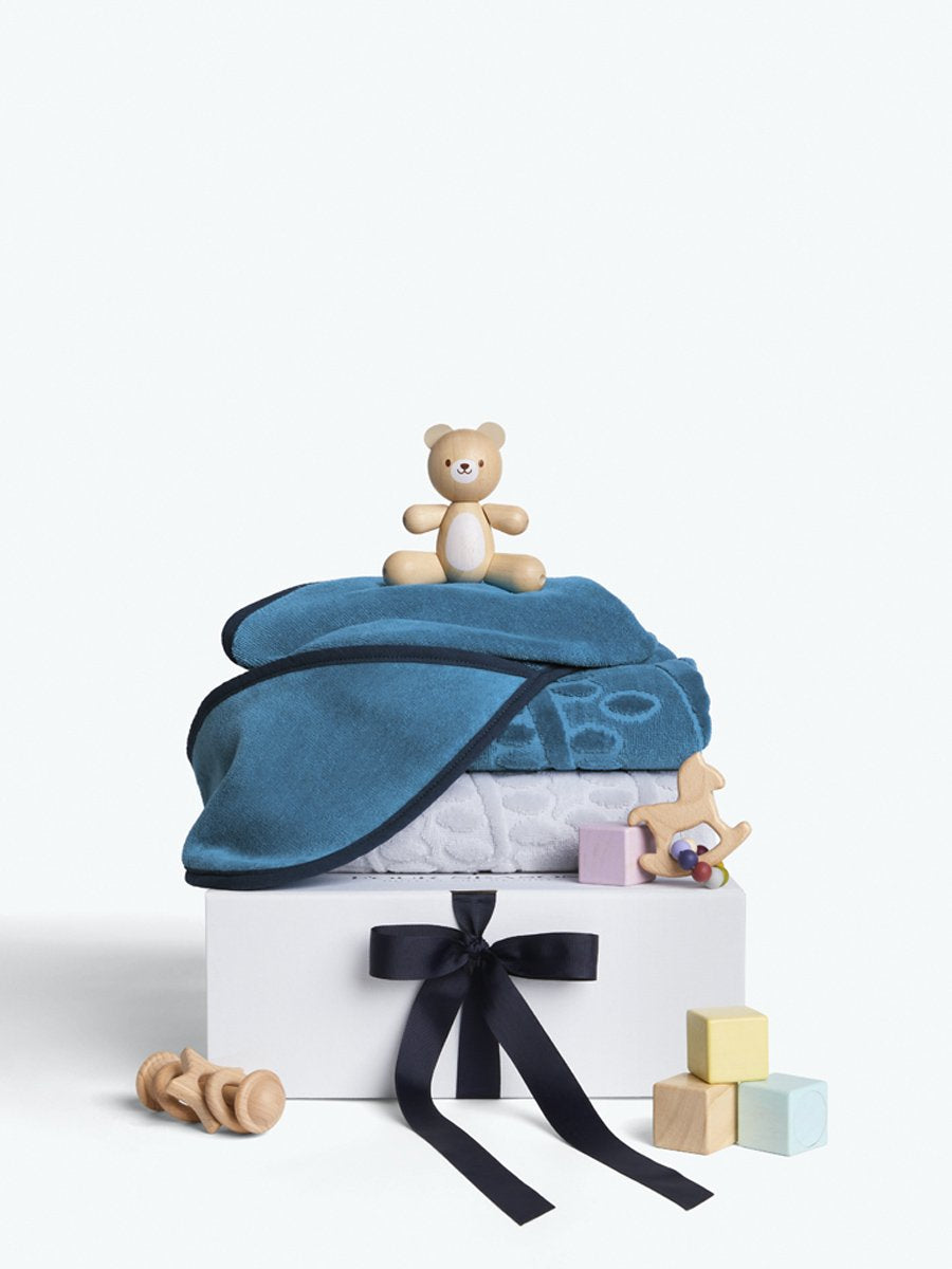 Four Seasons Baby Hooded Towel Set, 2-piece, organic cotton, blue, soft velour front, terry back, cozy for bath time