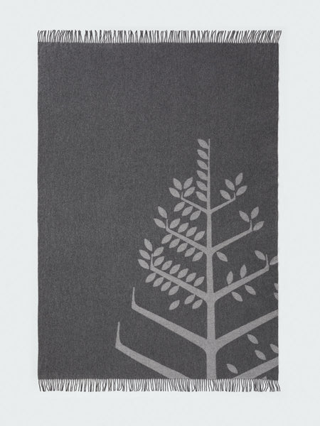 Four Seasons dark grey cashmere-merino throw, Italian-made, tonal jacquard logo, fringed edges, luxury travel accessory