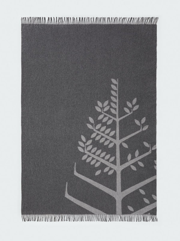 Four Seasons dark grey cashmere-merino throw, Italian-made, tonal jacquard logo, fringed edges, luxury travel accessory