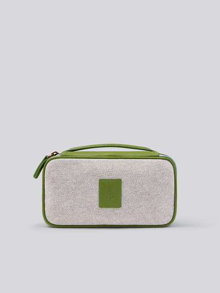 Four Seasons Tech Case, compact grey organic cotton toile, green Italian pebble grain leather trim, zippered pocket, travel organizer
