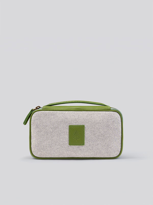 Four Seasons Tech Case, compact grey organic cotton toile, green Italian pebble grain leather trim, zippered pocket, travel organizer
