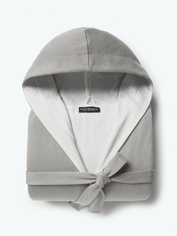 Four Seasons Hooded Robe, mid-length, bamboo cotton interior, grey exterior, neutral colorway, Four Seasons tree motif embroidered, soft and stylish
