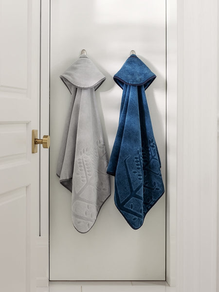 Four Seasons Children's Hooded Towel Set, 2-piece, organic cotton, blue and grey, soft velour front, terry back, cozy for bath or pool